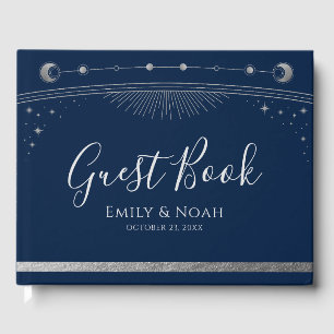 Mystical Blue Silver Sun Moon Stars Wedding  Guest Book