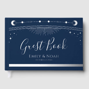 Mystical Blue Silver Sun Moon Stars Wedding Guest Book