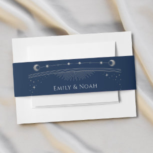 Mystical Blue Silver Sun Moon Stars Wedding  Invitation Belly Band