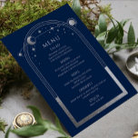 Mystical Blue Silver Sun Moon Stars Wedding Menu<br><div class="desc">Mystical Blue Silver Sun Moon Stars Astronomy Galaxy Celestial Cosmic Space Wedding Menu Cards features a silver sun, moon and stars frame on a blue background with your menu details in the centre in modern silver calligraphy script. Personalise by editing the text in the text boxes provided. Designed for you...</div>