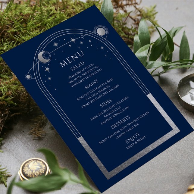Mystical Blue Silver Sun Moon Stars Wedding Menu (Creator Uploaded)