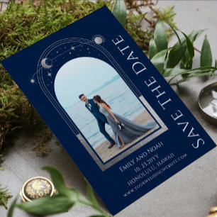 Mystical Blue Silver Sun Moon Stars Wedding Save The Date