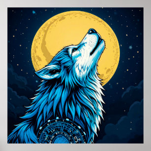 Mystical Blue Wolf Howling at a Full Moon Poster