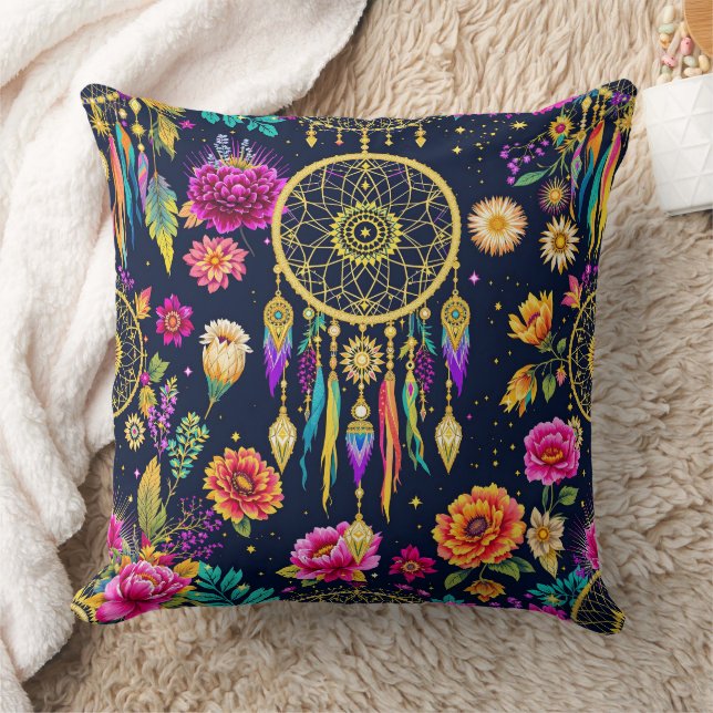 Mystical bohemian floral navy gold pattern  cushion (Blanket)