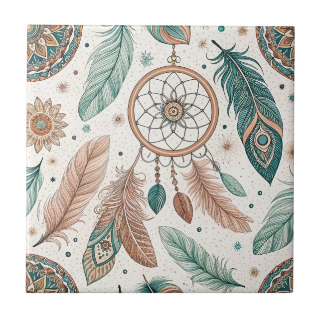 Mystical Boho Dreamcatcher Hoop & Feathers Pattern Tile (Front)