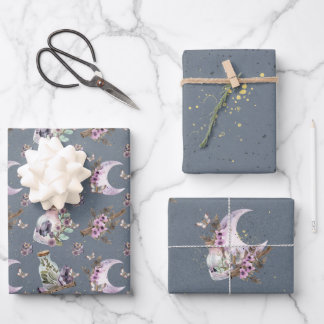 Mystical Boho Lavender Anemone Moon and Bottles  Wrapping Paper Sheet