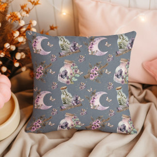 Mystical Boho Lavender Anemone Moon and Potions Cushion