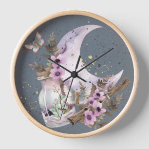 Mystical Boho Lavender Anemone Moon Clock