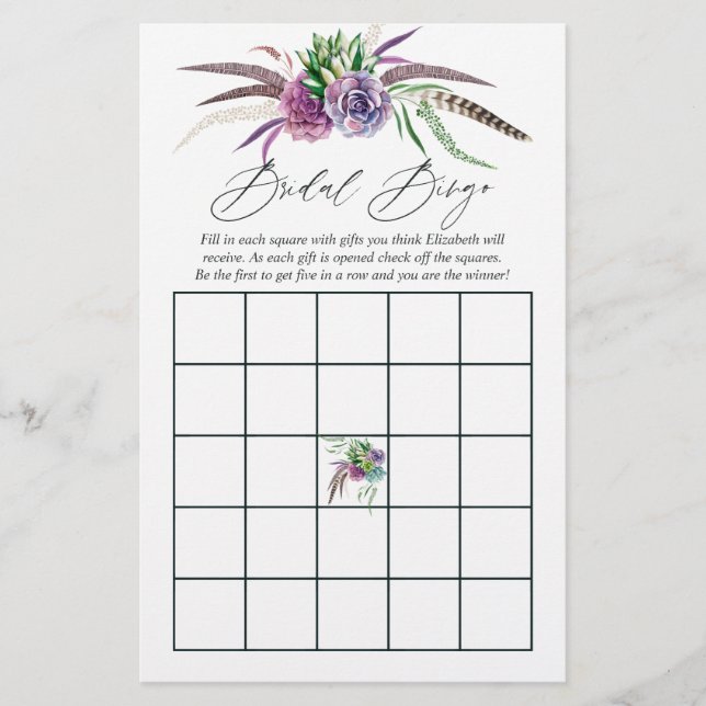 Mystical Boho Succulent Bridal Shower Bingo (Front)