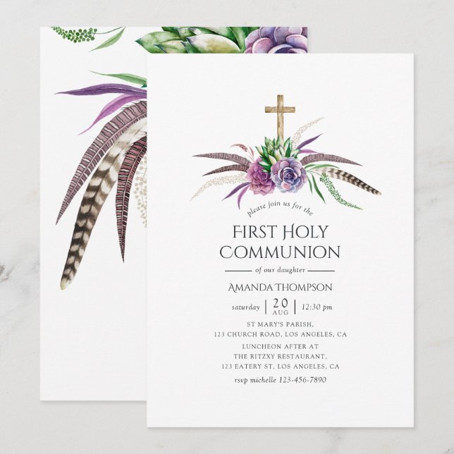 Mystical Boho Succulents First Holy Communion Invitation (Front/Back)