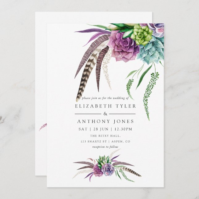 Mystical Boho Watercolor Succulent Wedding Invitation (Front/Back)