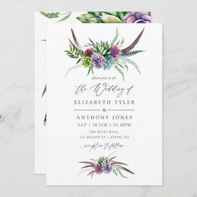 Mystical Boho Watercolor Succulent Wedding Invitation (Front/Back)
