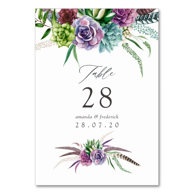 Mystical Boho Watercolor Succulent Wedding Table Number (Front)