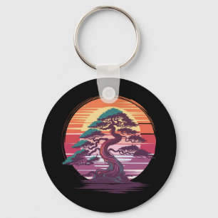 Mystical Bonsai Tree - Retro Sunset Aesthetic Key Ring