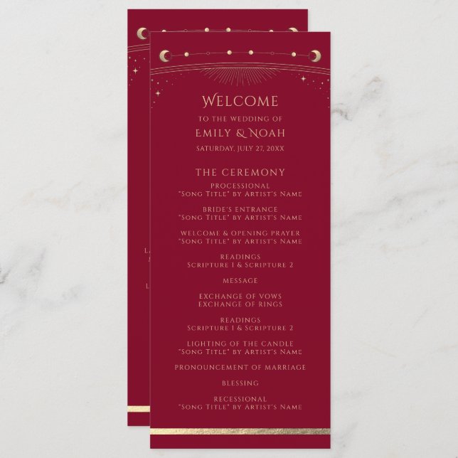 Mystical Burgundy Gold Sun Star Moon Space Wedding Programme (Front/Back)