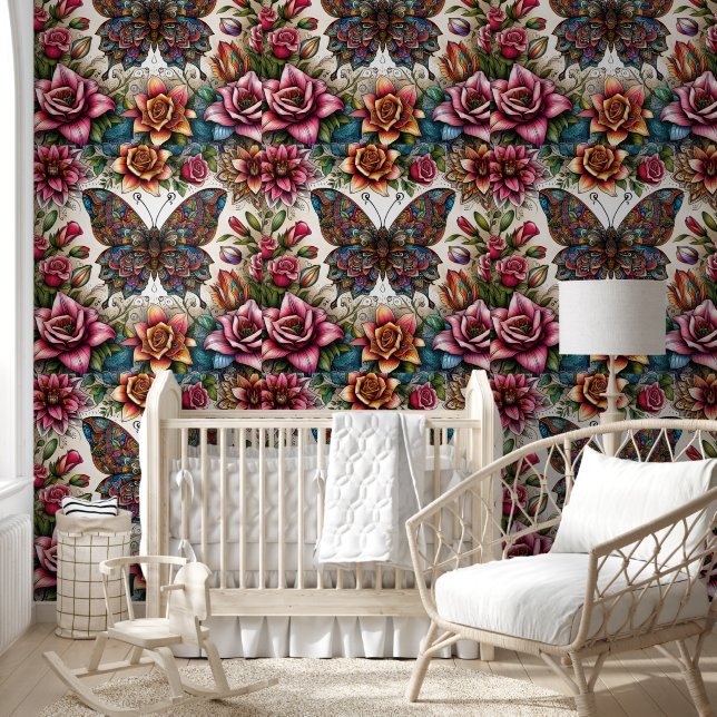 Mystical Butterfly & Blooming Roses Wallpaper (Kids)
