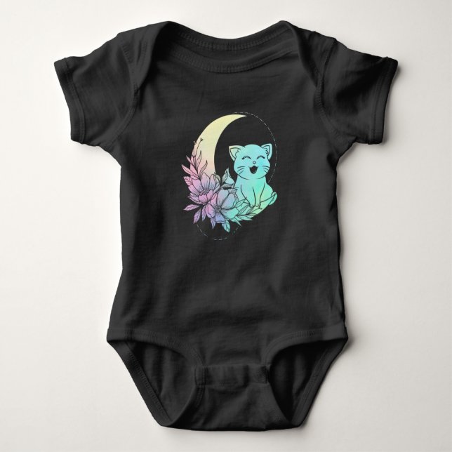 Mystical Cat Crescent Moon Pastel Goth Wicca Baby Bodysuit (Front)