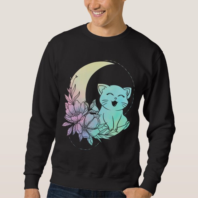 Mystical Cat Crescent Moon Pastel Goth Wicca Sweatshirt (Front)