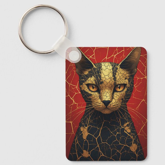 Mystical Cat Face With Golden Fracture Lines 🌙 Key Ring (Front)