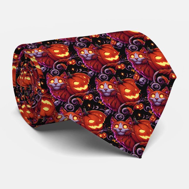 Mystical Cat & Glowing Pumpkins Tie (Rolled)