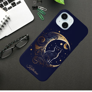 Mystical Cat Moon - Personalized Celestial Gift iPhone 15 Case