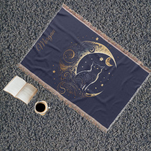 Mystical Cat Moon - Personalized Celestial Gift Throw Blanket