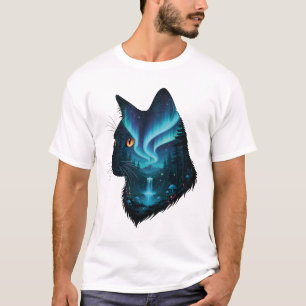 Mystical Cat Northern Lights Forest Silhouette T-Shirt