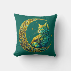 Mystical Cat on Moon Celestial Night Design Cushion