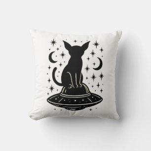 Mystical Cat on UFO with Stars & Moons Cushion