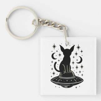 Mystical Cat on UFO with Stars & Moons Key Ring