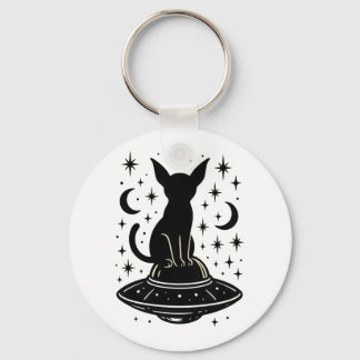 Mystical Cat on UFO with Stars & Moons Key Ring