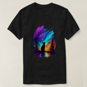 Mystical Cat Silhouette Northern Lights Black T-Shirt