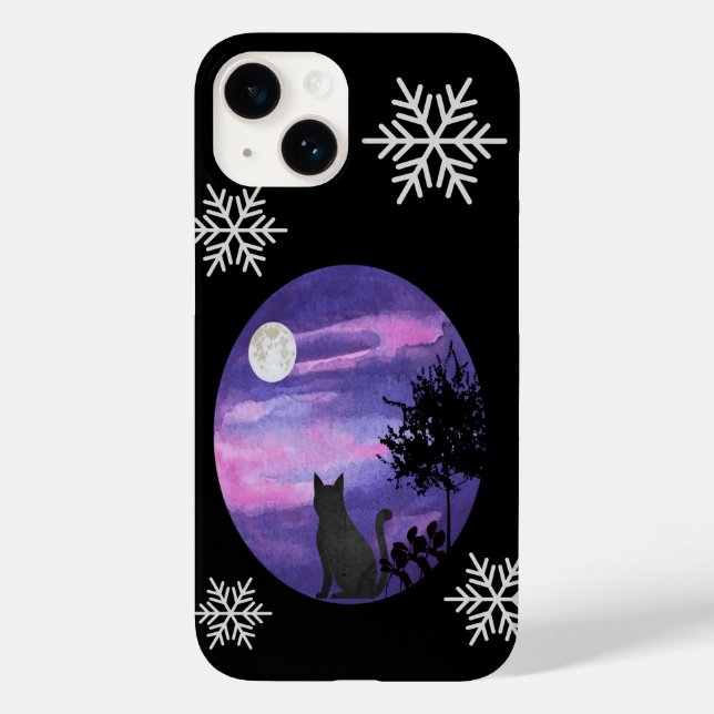 Mystical Cat Under Moon – Dreamy Purple Night Wate Case-Mate iPhone Case (Back)