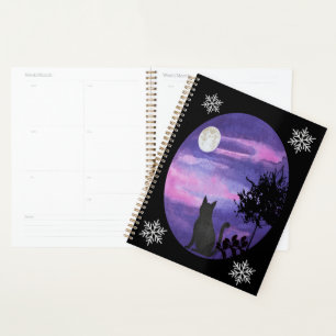 Mystical Cat Under Moon – Dreamy Purple Night Wate Planner