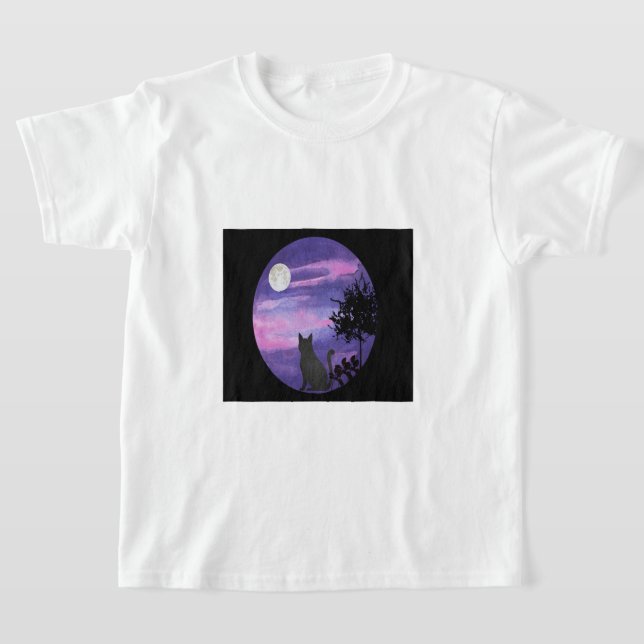Mystical Cat Under Moon – Dreamy Purple Night Wate T-Shirt (Laydown)
