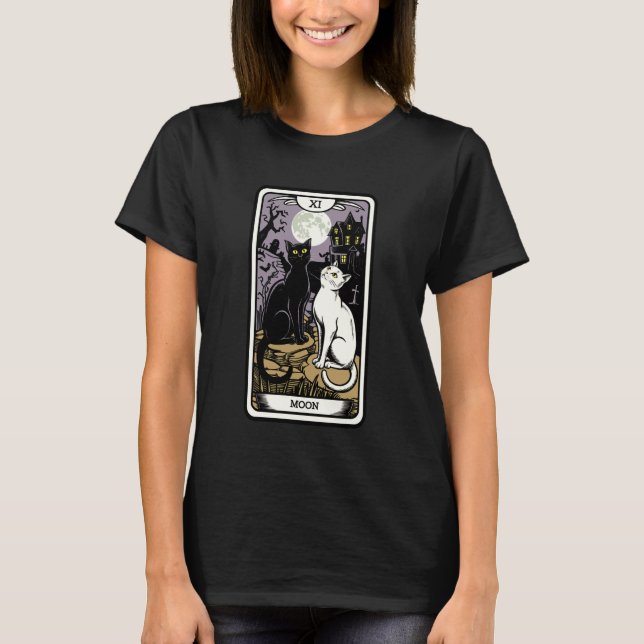 Mystical Cat Under Moon Tarot Style T-Shirt (Front)