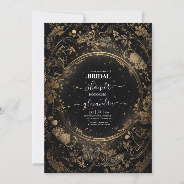 Mystical Celestial Black and Gold Bridal Invitation (Front)