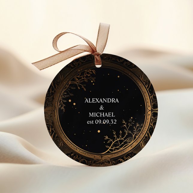 Mystical Celestial Black and Gold Wedding Classic Round Sticker (Creator Uploaded)