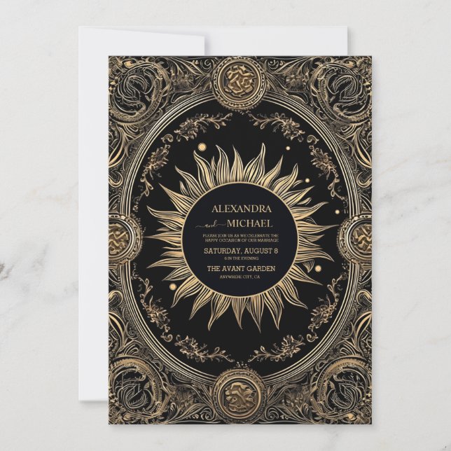 Mystical Celestial Black and Gold Wedding Invitation (Front)
