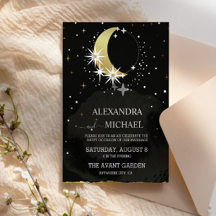 Mystical Celestial Black and Gold Wedding Invitation