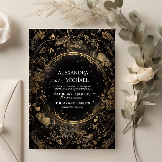 Mystical Celestial Black and Gold Wedding Invitation (Creator Uploaded)