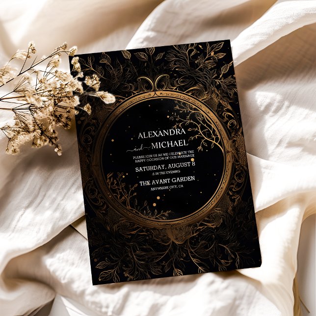 Mystical Celestial Black and Gold Wedding Invitation (Creator Uploaded)