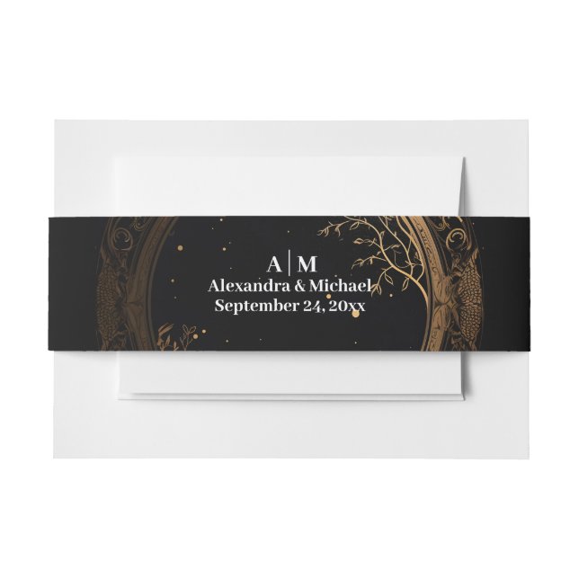 Mystical Celestial Black and Gold Wedding Invitation Belly Band (Front Example)
