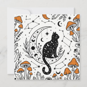 Mystical Celestial Black Cat & Orange Mushroom Holiday Card