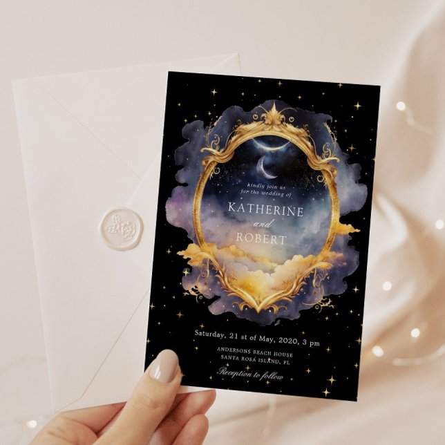 Mystical Celestial Blue Gold Wedding Invitation (Creator Uploaded)