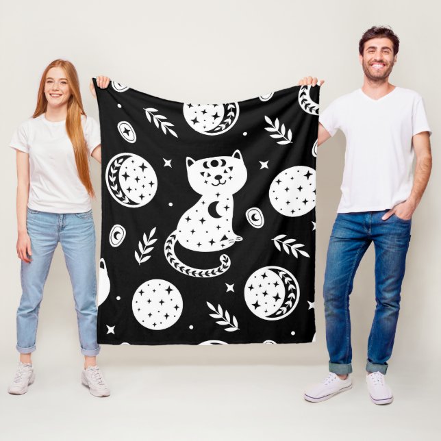 Mystical Celestial Cat Pattern in Black & White Fleece Blanket (In Situ)