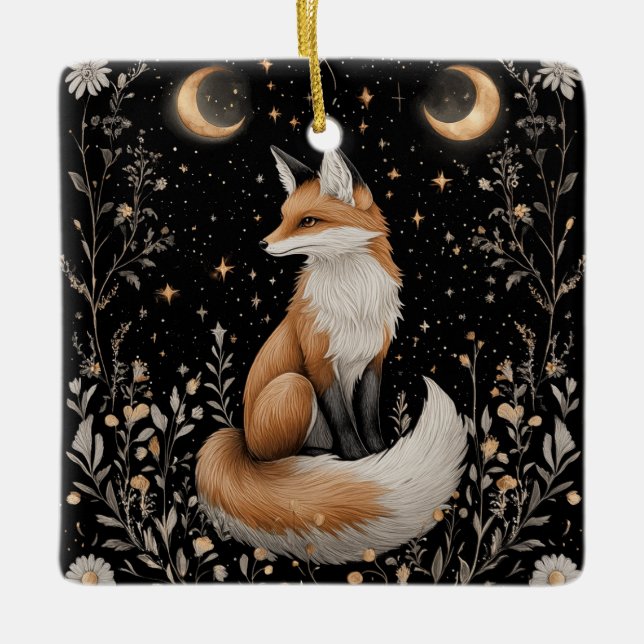 Mystical Celestial Fox and Flowers Ceramic Ornament (Front)