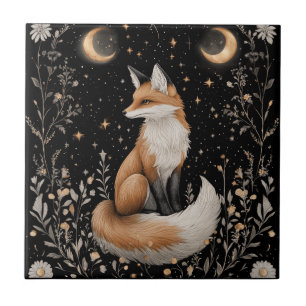 Mystical Celestial Fox and Flowers Tile