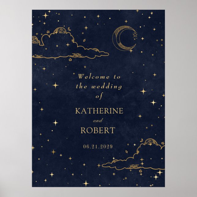 Mystical Celestial Gold Moon Clouds Wedding Poster (Front)