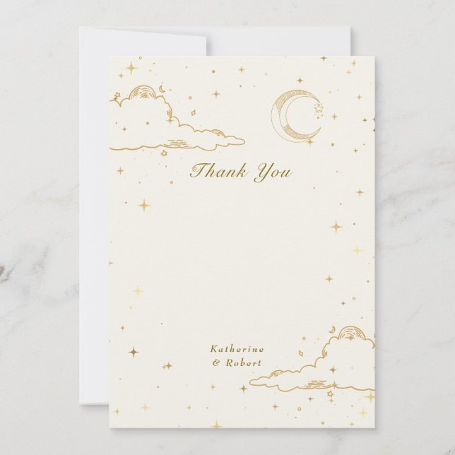 Mystical Celestial Gold Moon Clouds Wedding Thank You Card (Front)
